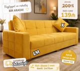 Parlaq sarı rəngdə, yumşaq məxməri toxumalı 3 nəfərlik divan — Mallar