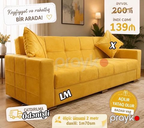 Sarı rəngli, müasir dizaynlı açılan divan. Rahat oturma üçün yumşaq — Bakı