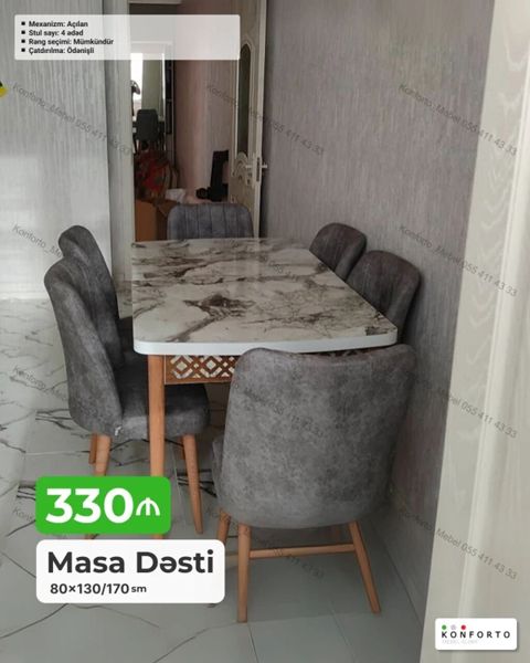 Masa Dəsti – 80×130/170 sm - Mexanizm: açılan (uzadıla bilən masa — Bakı