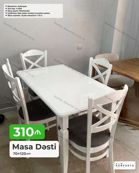 Məhsul: Masa Dəsti - Ölçü: 70×120 sm - Dəst tərkibi: 1 ədəd masa + 4 — Bakı
