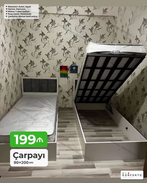 Çarpayı – 90×200 sm - Mexanizm: açılan, bazalı (yuxarı qalxan taxta — Bakı