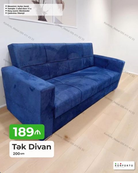 Məhsul: Tək divan – 200 sm Xüsusiyyətlər: - Mexanizm: açılan, bazalı — Bakı