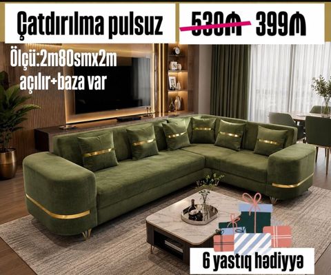 Məhsul: Künc divan - Ölçü: 2 m 80 sm x 2 m - Açılır mexanizmli, baza — Bakı