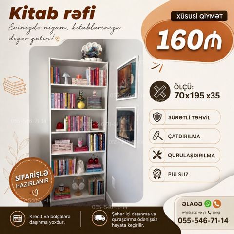 Kitab rəfi - Ölçü: 70 x 195 x 35 sm - Sürətli təhvil - Çatdırılma — Bakı
