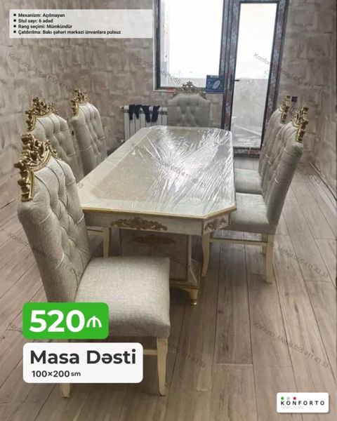 Mebel: Masa dəsti Ölçü: 100×200 sm Stul sayı: 6 ədəd Mexanizm — Bakı