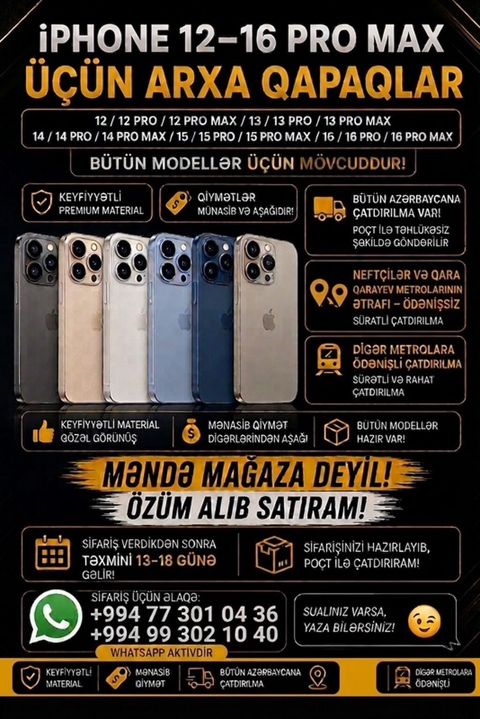 IPhone 12–16 Pro Max modelləri üçün arxa qapaqlar. Uyğun modellər — Bakı