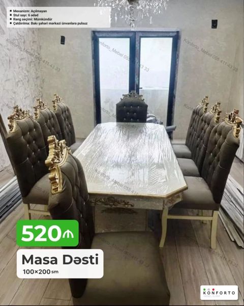 Masa Dəsti – 100×200 sm - Klassik üslubda, taxta karkaslı geniş yemək — Bakı