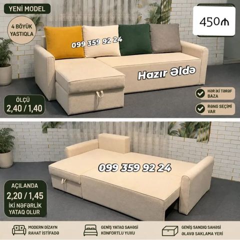Yeni model çevrilə bilən divan - 4 böyük yastıqla - Ölçü (qapalı) — Bakı