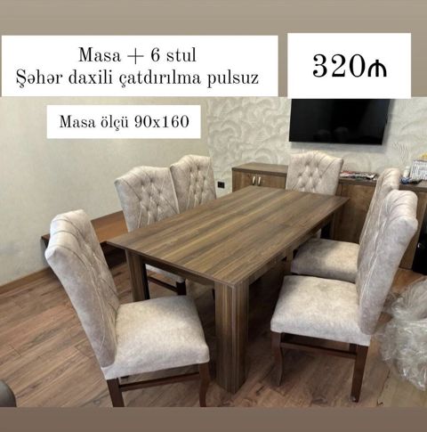 Mətbəx/qonaq otağı üçün dəst: - Masa + 6 stul - Masa ölçüsü: 90x160 sm — Bakı