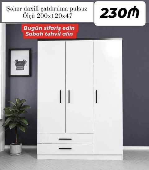 Ağ rəngdə 3 qapılı paltar şkafı - Ölçü: 200 x 120 x 47 sm — Bakı
