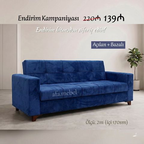 Mavi rəngli açılan və bazalı divan - Model: açılan mexanizm + bazalı — Bakı