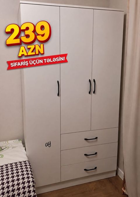 Ağ rəngli 3 qapılı paltar dolabı - Üst hissə: üç bölməli qapı; orta — Bakı