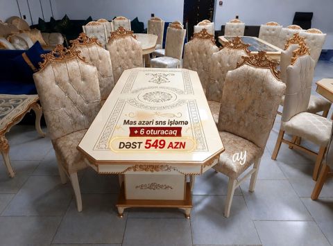 Klassik üslubda yemək otağı dəsti - Dəst: masa + 6 ədəd oturacaq — Bakı
