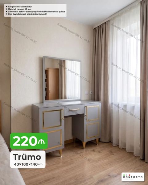 Trümo – 40×160×140 sm - Zərif boz rəngli, qızılı dekor xəttləri və — Bakı