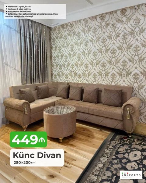 Künc divan – 280×200 sm Mexanizm: açılan, bazalı (yataq funksiyası — Bakı