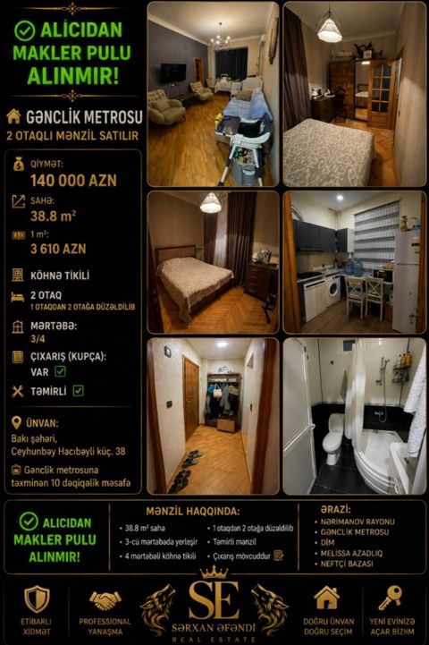 2-otaqlı mənzil, Gənclik m., 38.8 m² — Bakı
