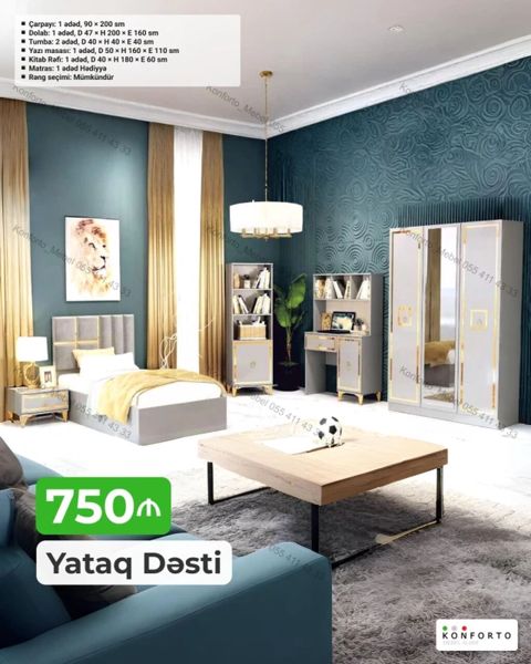 Yataq Dəsti – 750₼ Komplektə daxildir: - Çarpayı: 1 ədəd, 90 200 sm — Bakı