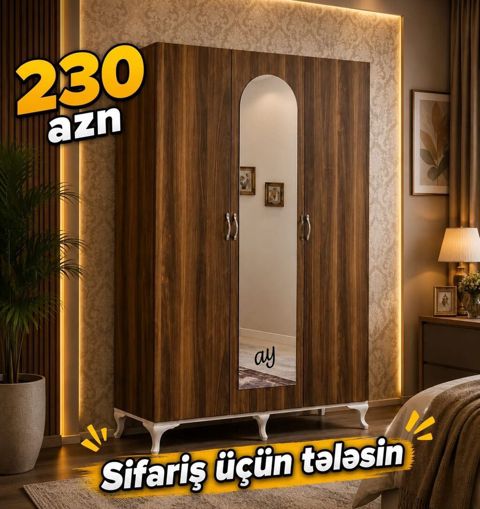 Üçqapılı paltar dolabı – 230 AZN - Material: taxta teksturalı laminat — Bakı