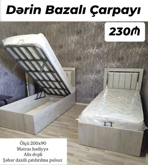 Dərin bazalı çarpayı – tək ölçü - Ölçü: 200×90 - Dərin bazalı — Bakı