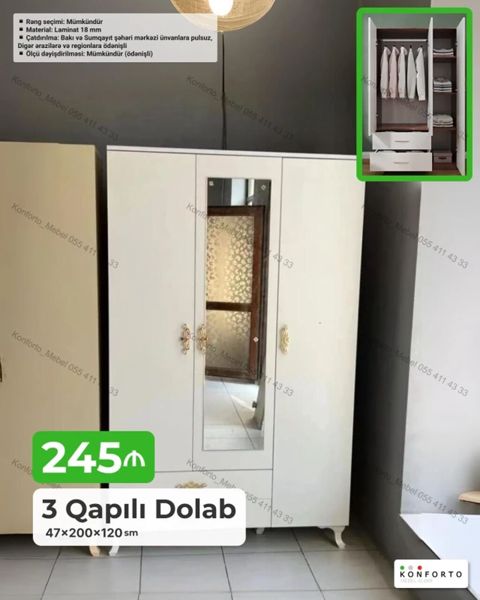 3 qapılı geyim dolabı Ölçülər: 47×200×120 sm Material: 18 mm — Bakı