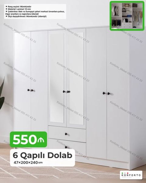 6 qapılı paltar dolabı – 47×200×240 sm - Model: 6 qapılı, mərkəzdə 2 — Bakı