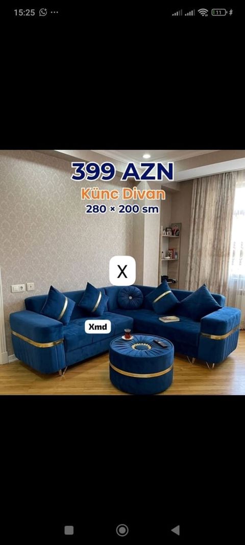 Künc divan – ölçü: 280 200 sm - Rəng: dərin mavi - Parça: yumşaq — Bakı