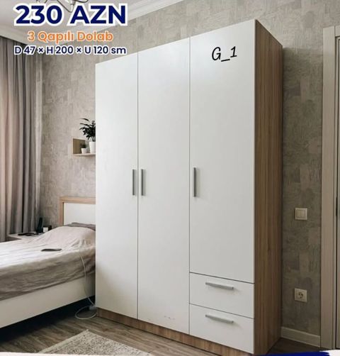 3 qapılı paltar dolabı – G_1 modeli Ölçülər: Dərinlik 47 sm — Bakı