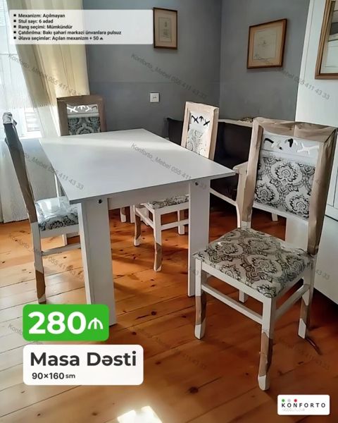 Masa dəsti – 90×160 sm - 6 ədəd stul daxil - Mexanizm: açılmayan — Bakı