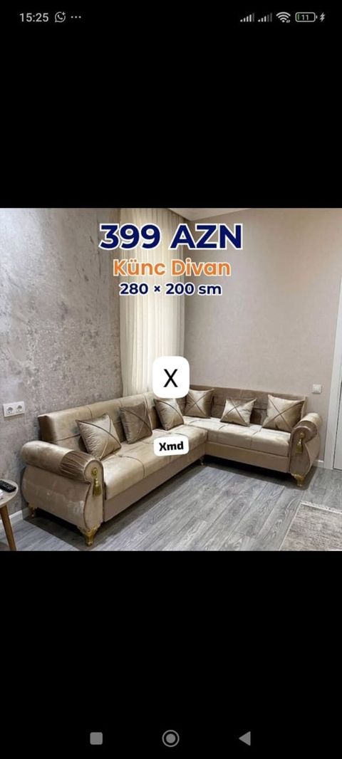 Künc divan – 280 200 sm Qiymət: 399 AZN - L formalı dizayn, geniş — Bakı