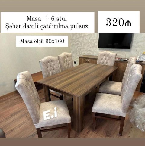 Mətbəx/qonaq otağı üçün dəst: - Masa + 6 ədəd stul - Masa ölçüsü — Bakı