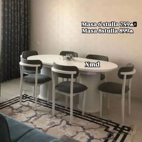 Ağ rəngli, oval formalı yemək masası dəsti. İki sütunvari baza — Bakı