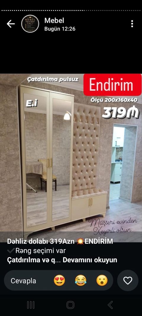 Dəhliz dolabı – endirimli Ölçü: 200×160×40 sm Qiymət: 319 AZN — Mehdiabad