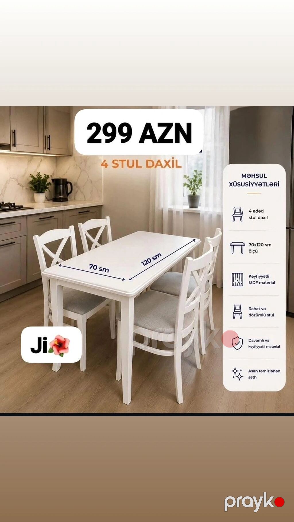 Ağ rəngdə yemək masası dəsti - Dəstə 4 ədəd stul daxildir - Masanın — Mebel, Mehdiabad