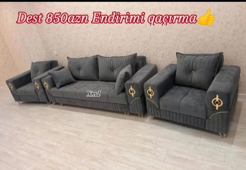 Mebel dəsti – 3 hissə: - 1 ədəd geniş divan - 2 ədəd kreslo Dizayn — Bakı