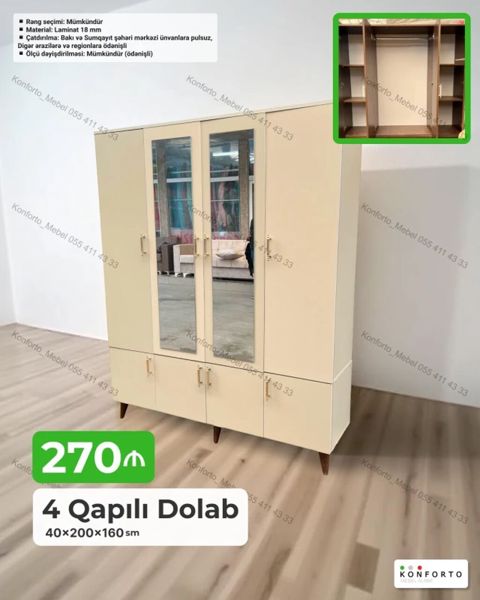 4 qapılı dolab – 40×200×160 sm - Material: 18 mm laminat - Rəng — Bakı