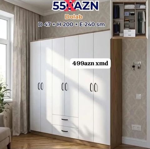 Mebel dolabı – 5 qapılı, 2 aşğı çekməcəli, asılqan və rəf bölmələri — Bakı