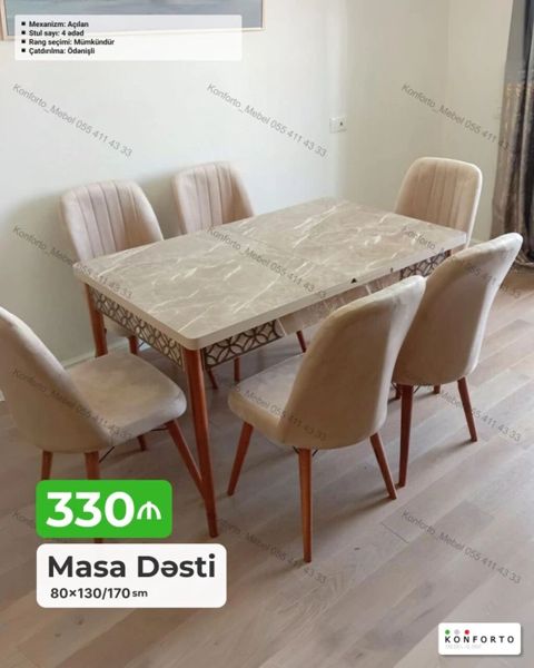 Məhsul: Masa dəsti - Masa ölçüsü: 80×130/170 sm (açılan mexanizmli — Bakı