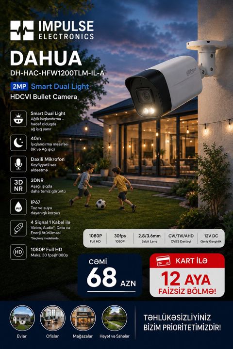 Dahua 2MP Smart Dual Light Hdcvı kamera 40M gecə işığı — Bakı