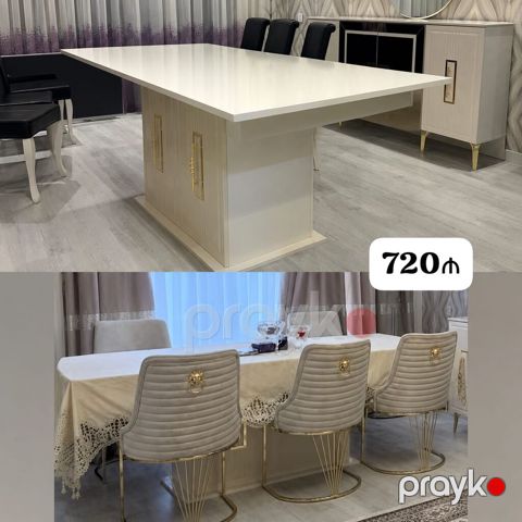 Ağ rəngli, modern üslubda geniş yemək masası. - Ölçü: təxmini 8–10