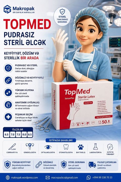 Topmed — Pudrasız Steril Əlcək Peşəkar tibbi prosedurlar üçün — Masazır