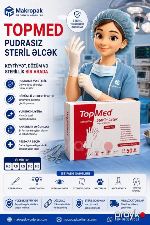 Topmed — Pudrasız Steril Əlcək Peşəkar tibbi prosedurlar üçün