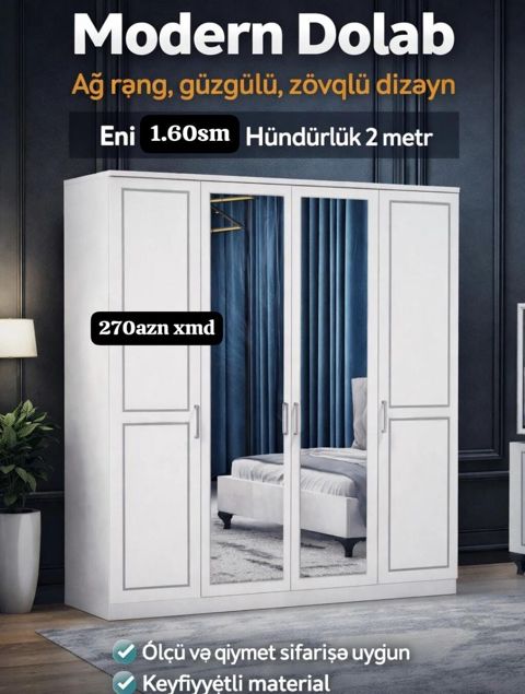 Modern Dolab – ağ rəng, güzgülü, zövqlü dizayn - Eni: 1.60 sm — Bakı