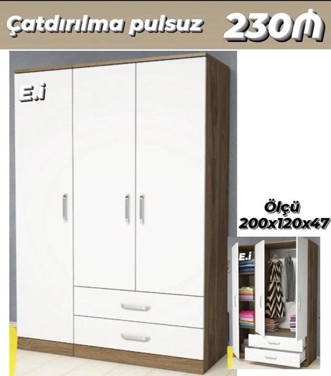 Yeni, 3 qapılı, Siyirməli, Ağ, Taxta, Açılan, Düz dolab — Mehdiabad