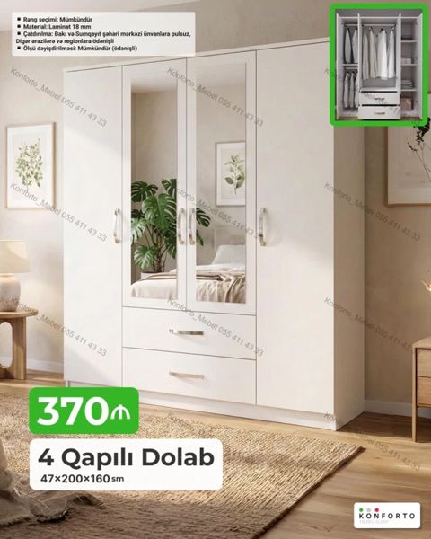 4 qapılı şkaf – 47×200×160 sm - Material: 18 mm laminat - Rəng — Bakı