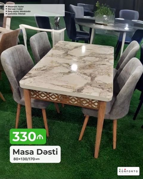 Masa dəsti – açılan mexanizmli, 4 ədəd stulla. Ölçü: 80×130/170 sm — Bakı