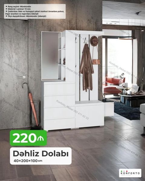 Dəhliz dolabı – funksional və zərif dizayn Ölçü: 40×200×100 sm — Bakı