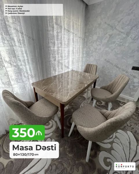 Masa dəsti – açılan mexanizmli - Ölçü: 80×130/170 sm (masa açılır — Bakı