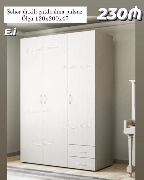 Ağ rəngli 3 qapılı paltar dolabı - Ölçü: 120×200×47 sm - Material — Dolab Taxt Çarpayı Mebel Fabriki ✨Əfsanə.x — Şkaflar