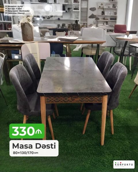 Masa dəsti – 4 stul + açılan masa - Ölçü: 80×130/170 sm (masa — Bakı