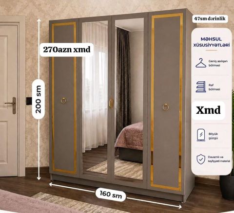 Güzgülü geyim dolabı Ölçülər: - Hündürlük: 200 sm - En: 160 sm — Bakı